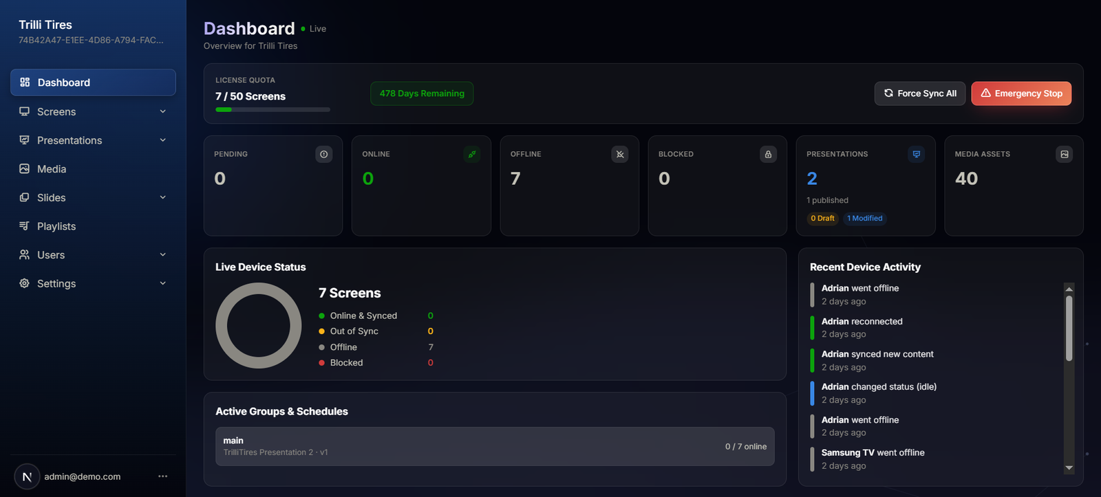 SignaFlow dashboard showing license quota, live device status, and recent activity