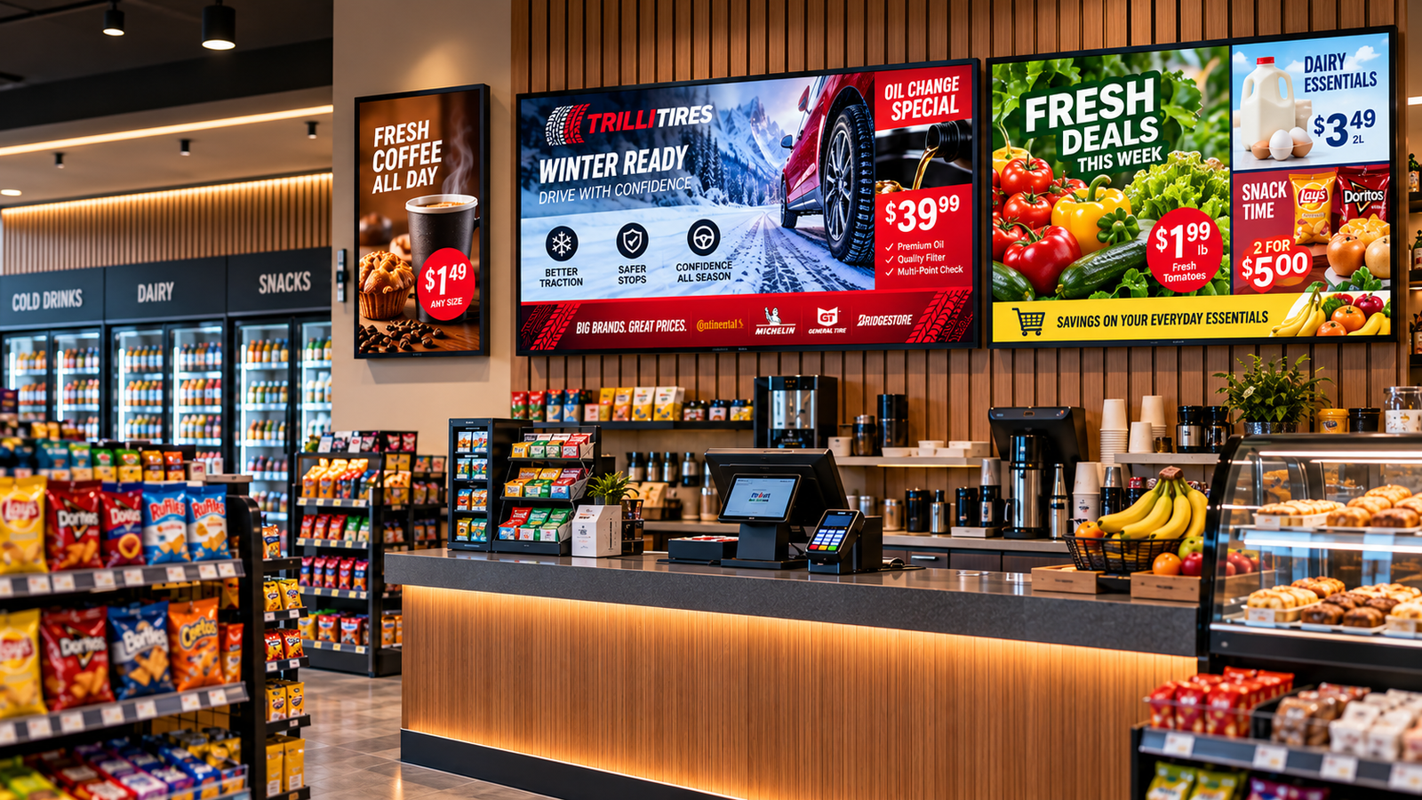 A warm small shop with three digital signage screens above the cashier desk