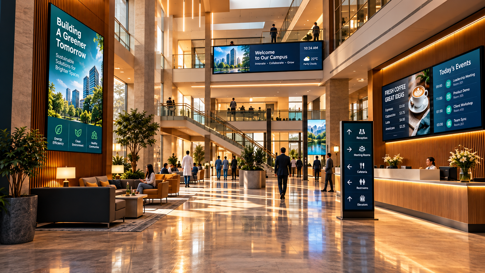 A warm multi-floor building lobby with coordinated digital signage