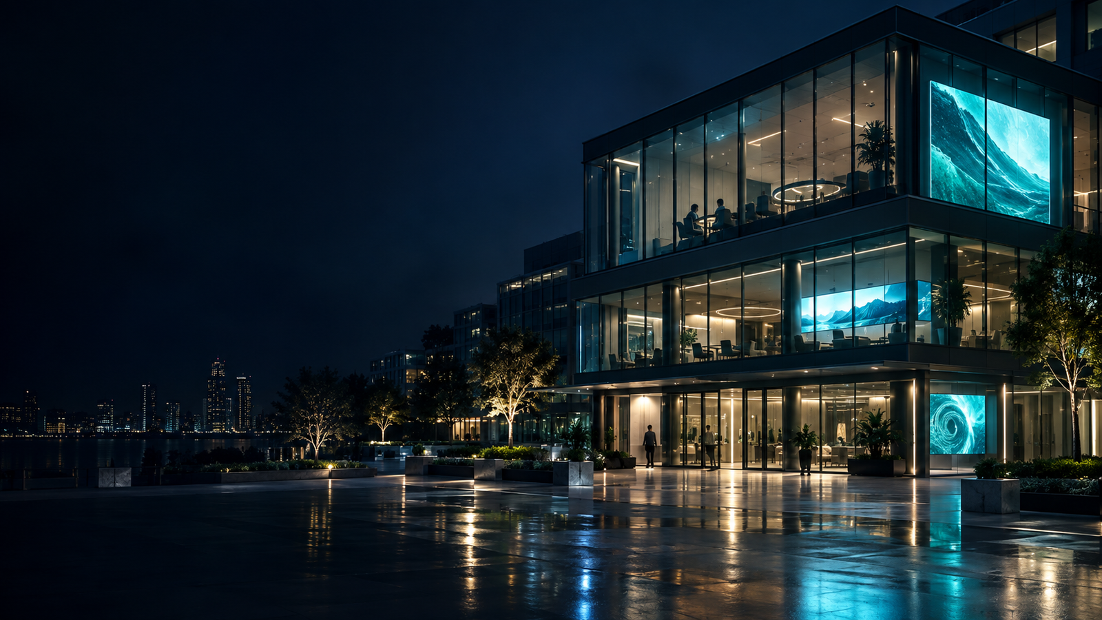 Digital signage screens operating throughout a connected building at night